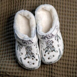 Fur-Lined Black and White Highland Cow and Cactus Croc-Style Clogs - Size 39